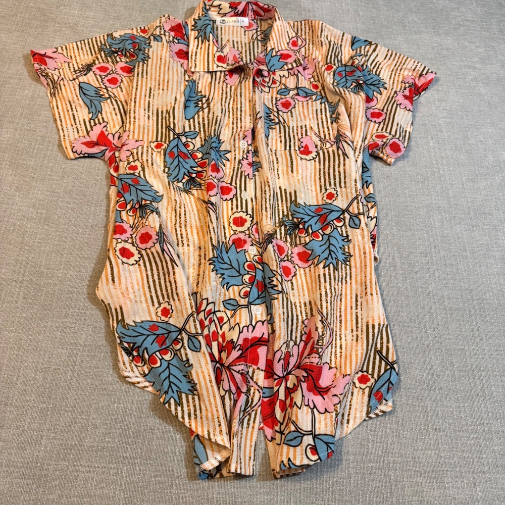 CUPSHE Swimsuit Cover Up Shirt Small Floral Stripe Button Down Short Sleeve Boho